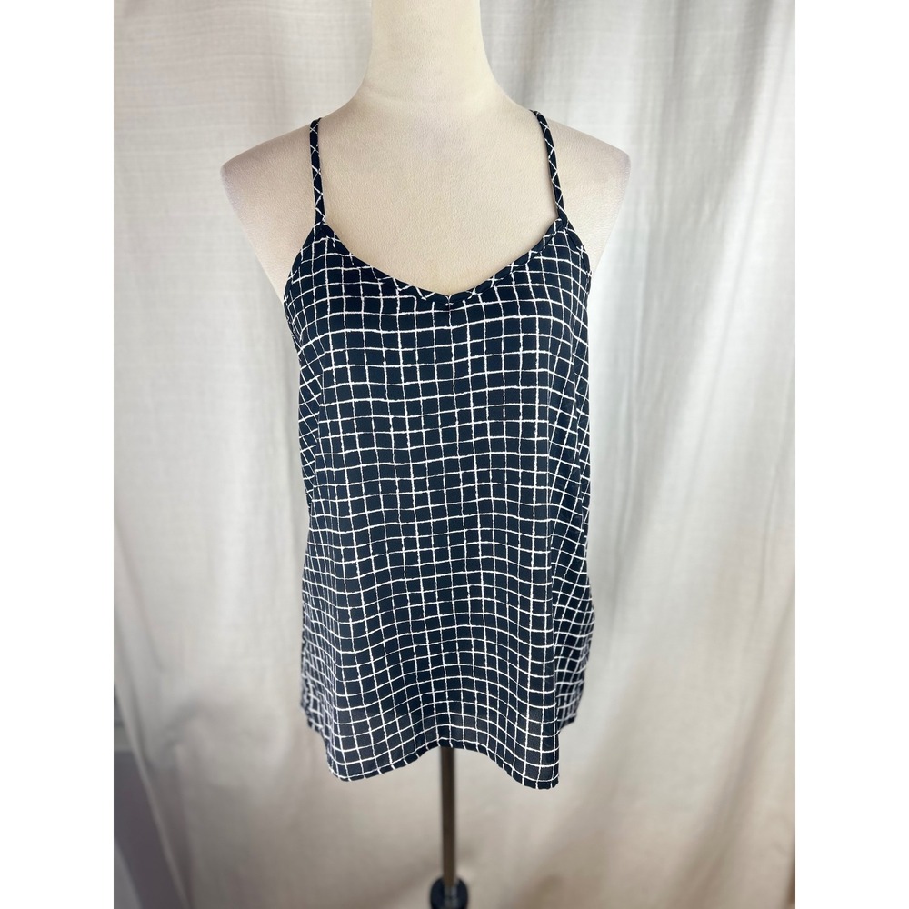 Paper Crane Women's Black White Grid relaxed fit Racerback Keyhole Cami Top SZ M